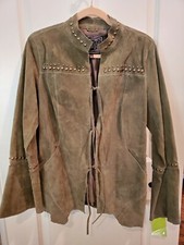 Chi By Falchi Womens Suede Leather Olive Green Jacket - Size L