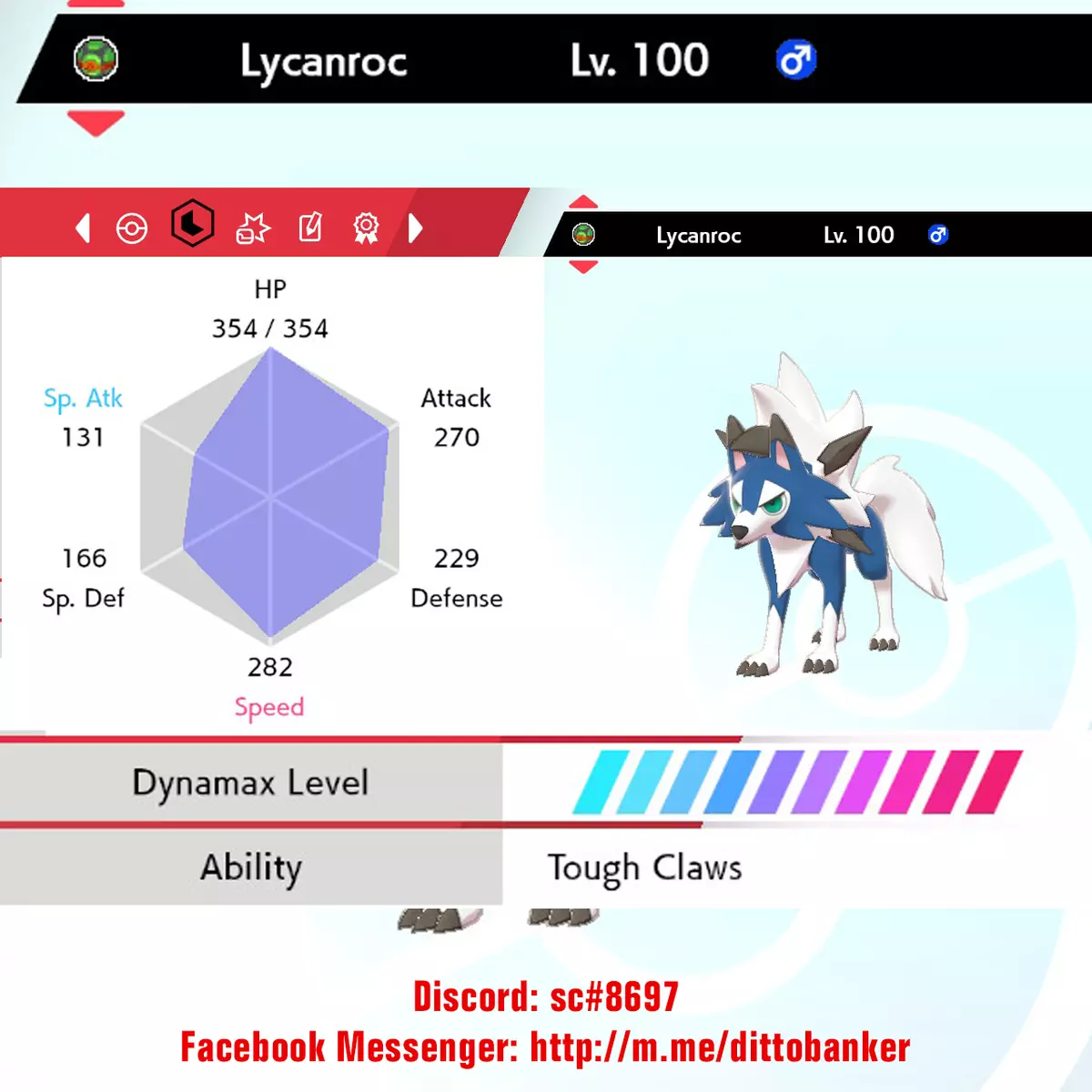 Pokemon Sword/Shield 6IV ULTRA SHINY Lycanroc Dusk / Tough Claws / Jolly  45496596583