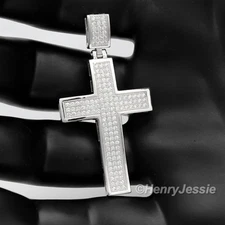 MEN SOLID 925 STERLING SILVER ICY BLING CUBIC ZIRCONIA CROSS CHARM PENDANT*SP1