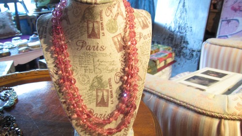 Vintage Pink Two Strand Crystal Necklace 21" - Picture 7 of 13