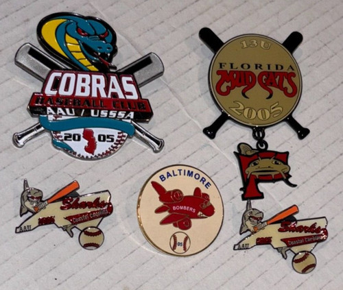 5 MINOR LEAGUE BASEBALL TEAM PINS (Cobras, Mud Cats, Sharks, Bombers)