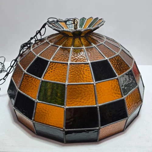 Vtg 20" Tiffany Style Stained Glass Shade Hanging Light Chandelier w/ Dimmer