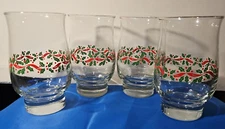 Set 4 Libbey Christmas Holly Ribbon 14 oz. Flat Tumblers LRS3  Pedestal 🎄🎄