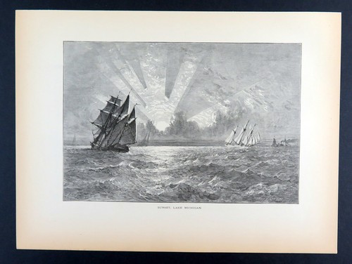 Tramonto sul lago Michigan, navi a vela, America storica 1874 antica incisione - Foto 3 di 4