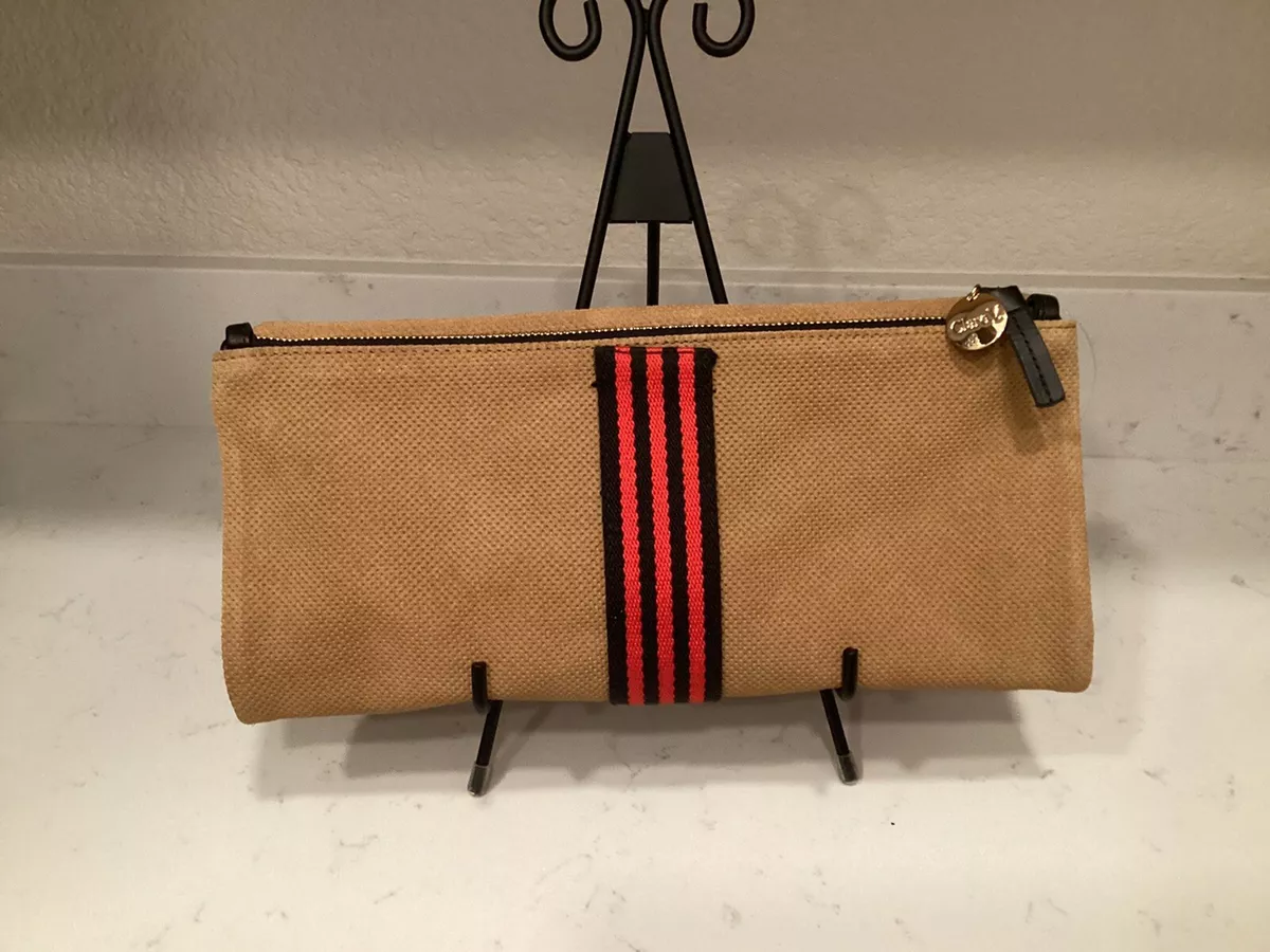 CLARE V. CAMEL COLOR WITH STRIPING FOLDOVER CLUTCH
