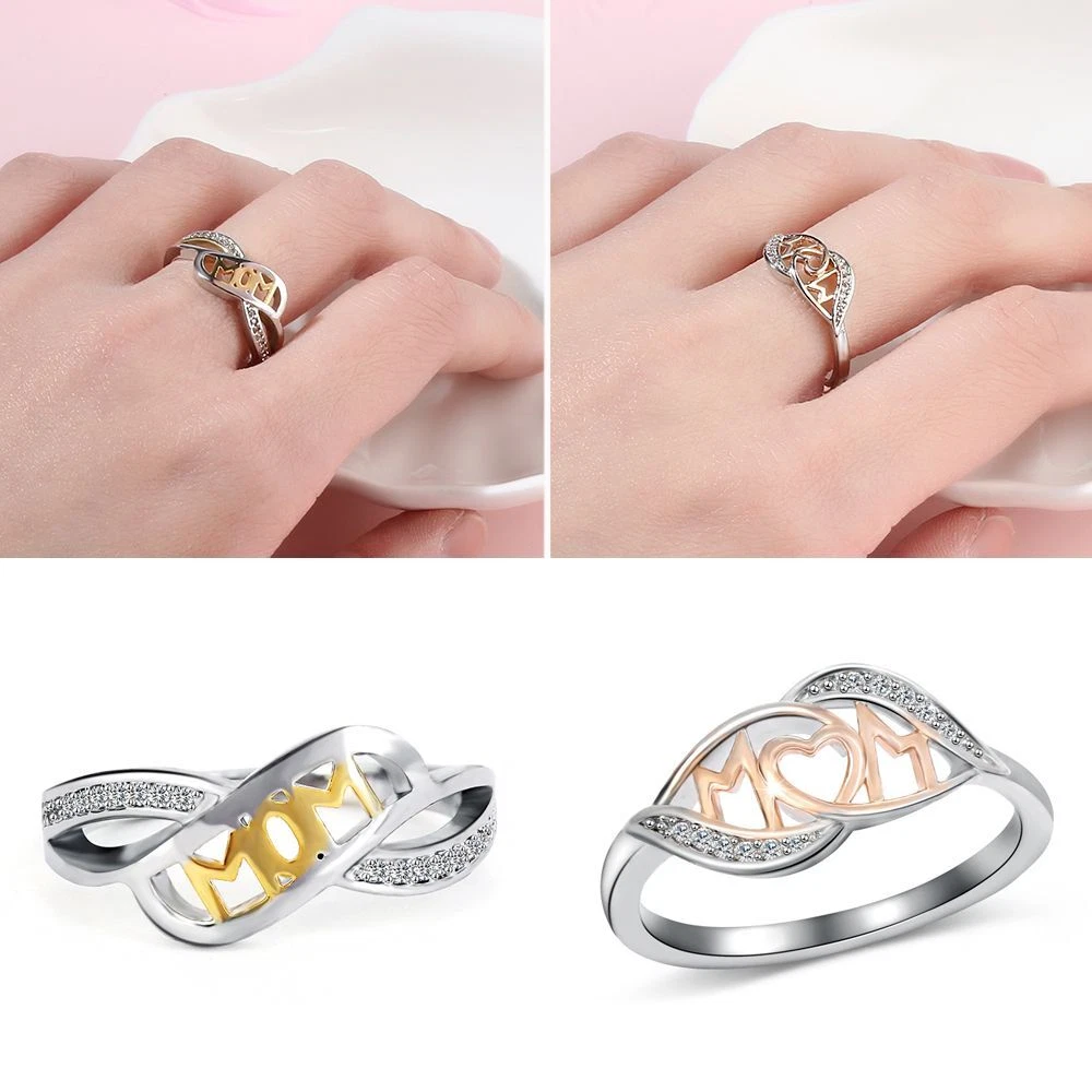 Rose Gold Heart shaped Love Mum Ring Two Tone MOM Character 925