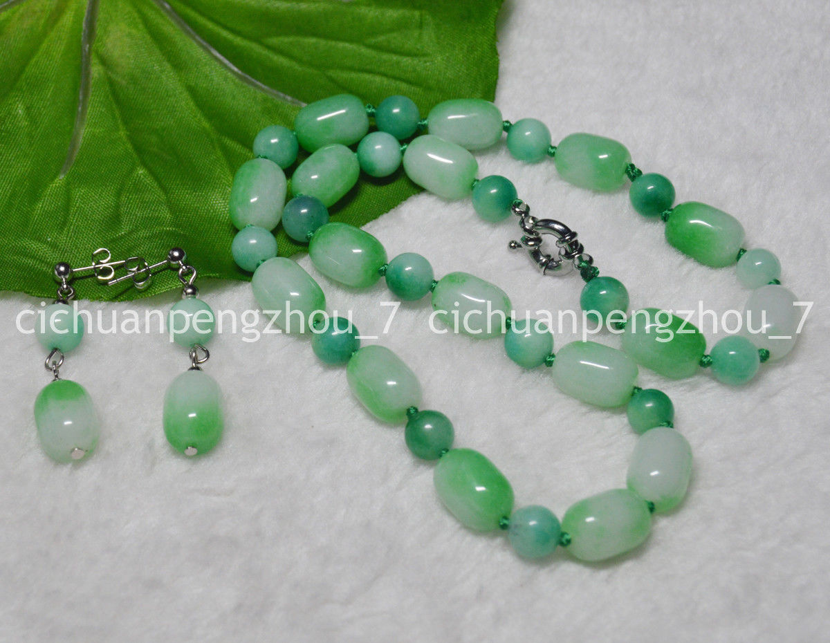 Skysk Handmade Dark Green Jade Gemstone Necklace & Earrings Set – 8mm Round & 10x14mm Cylinder Beads, Silver Plated