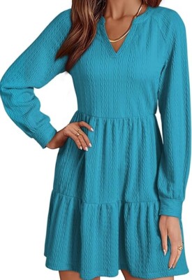 XXL BLUE Fall Dresses babydoll Long Sleeve V Neck Textured Casual Elegant  A-LINE | eBay