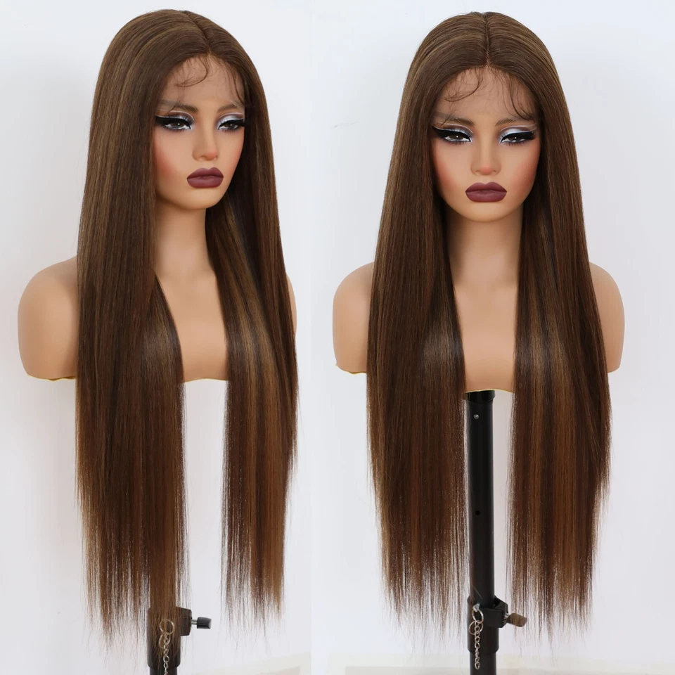 Synthetic Lace Front Wigs 32 Inch Long Straight Brown Blonde Highlights Women - Image 2 of 4