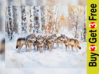 Winter Wolf Pack 5''x7'' Druck auf mattem Papier | Atemberaubende verschneite Waldmalerei