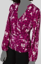 $70 INC Women's Purple Long-Sleeve Floral Side-Tie V-Neck Blouse Top Size Small