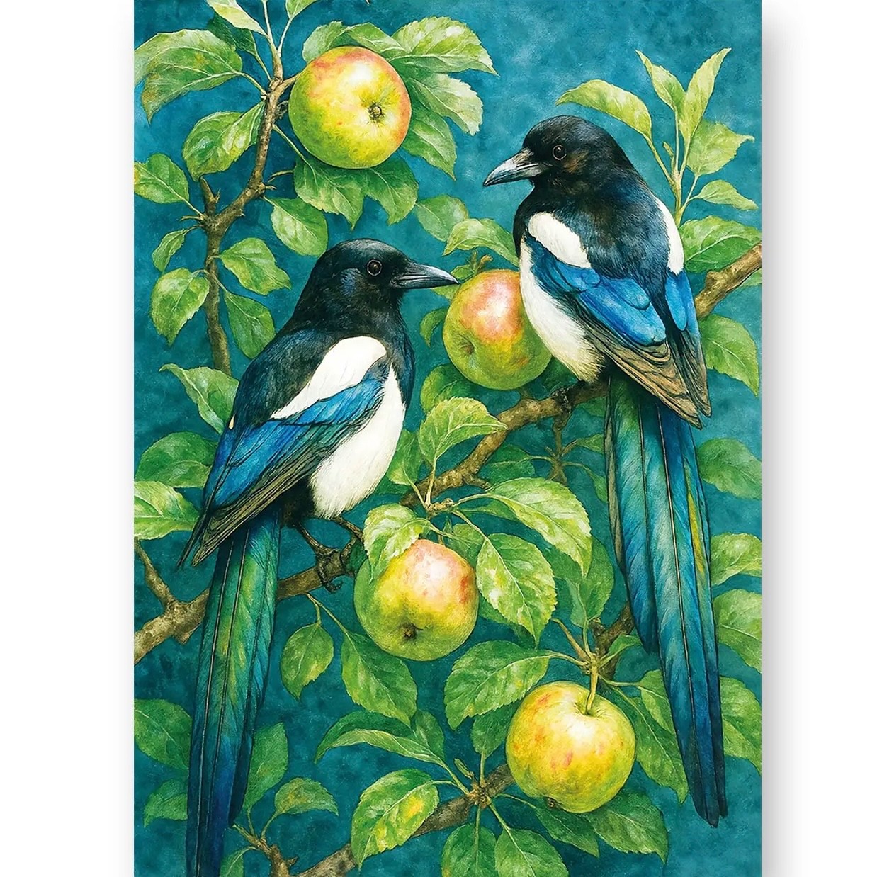 Magpies Two for Joy - Fine Art Blank Greeting / Birthday Card  Birds Bird Apples