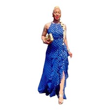 Betsy  Adam Formal Dress Gown Size 8 Chiffon Foil Ruffle Tie Neck Navy Copper