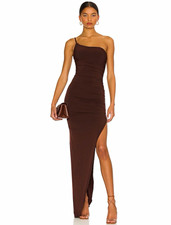 Nookie Revolve Aria Chocolate Brown One Shoulder Slit Maxi Gown Dress XS NWT