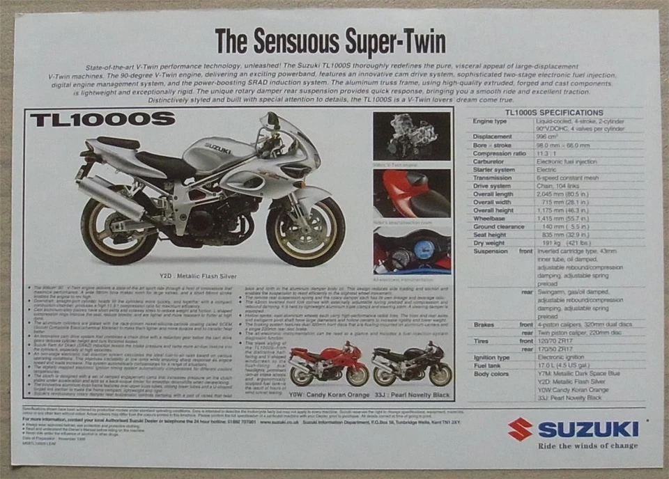 SUZUKI TL1000S MOTORCYCLE Sales Specification Leaflet Nov 1998 #MB9TL1000S-LEAF - Image 2 of 2