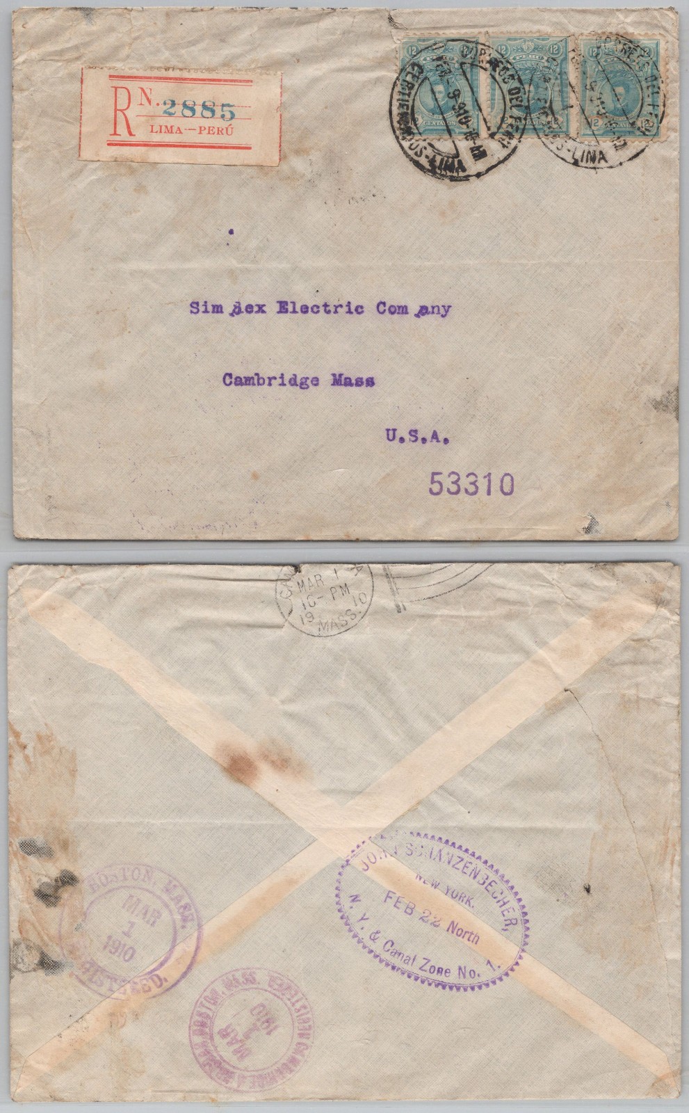 1910 Peru–USA Registered Cover w/ JOHN SCHANZENBECHER Sea Post Oval – Canal Zone