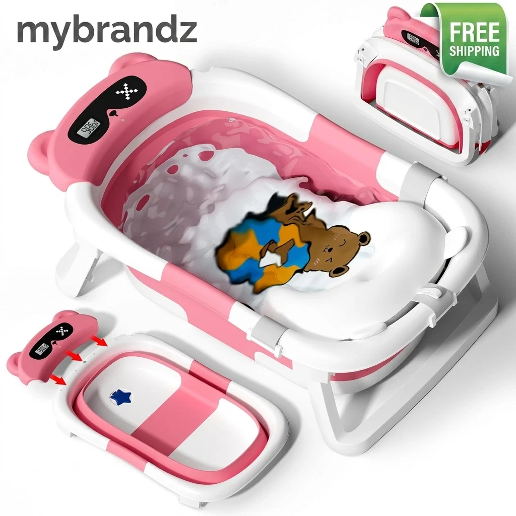 Foldable Baby Bathtub Portable Infant Bath Tub Travel Newborn Soft Cushion Pink