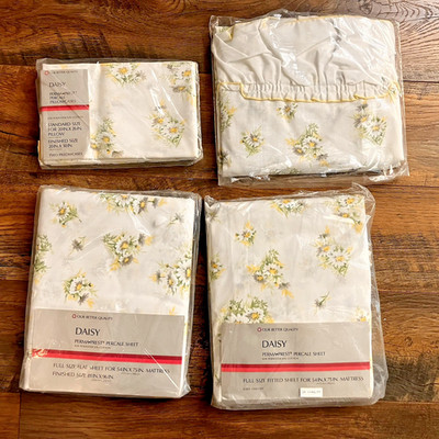 Set Sears Vintage Daisy Full Size Sheets Flat, Fitted, Pair Pillowcases + 1 Sham