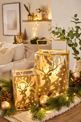 Laterne XL Windlicht gold mit Hirschmotiv 36 cm Metall Kerzenhalter Kerzenglas