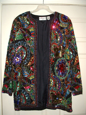 OLEG CASSINI BLACK TIE Multicolor Floral Beaded Sequin Evening Jacket Size Large