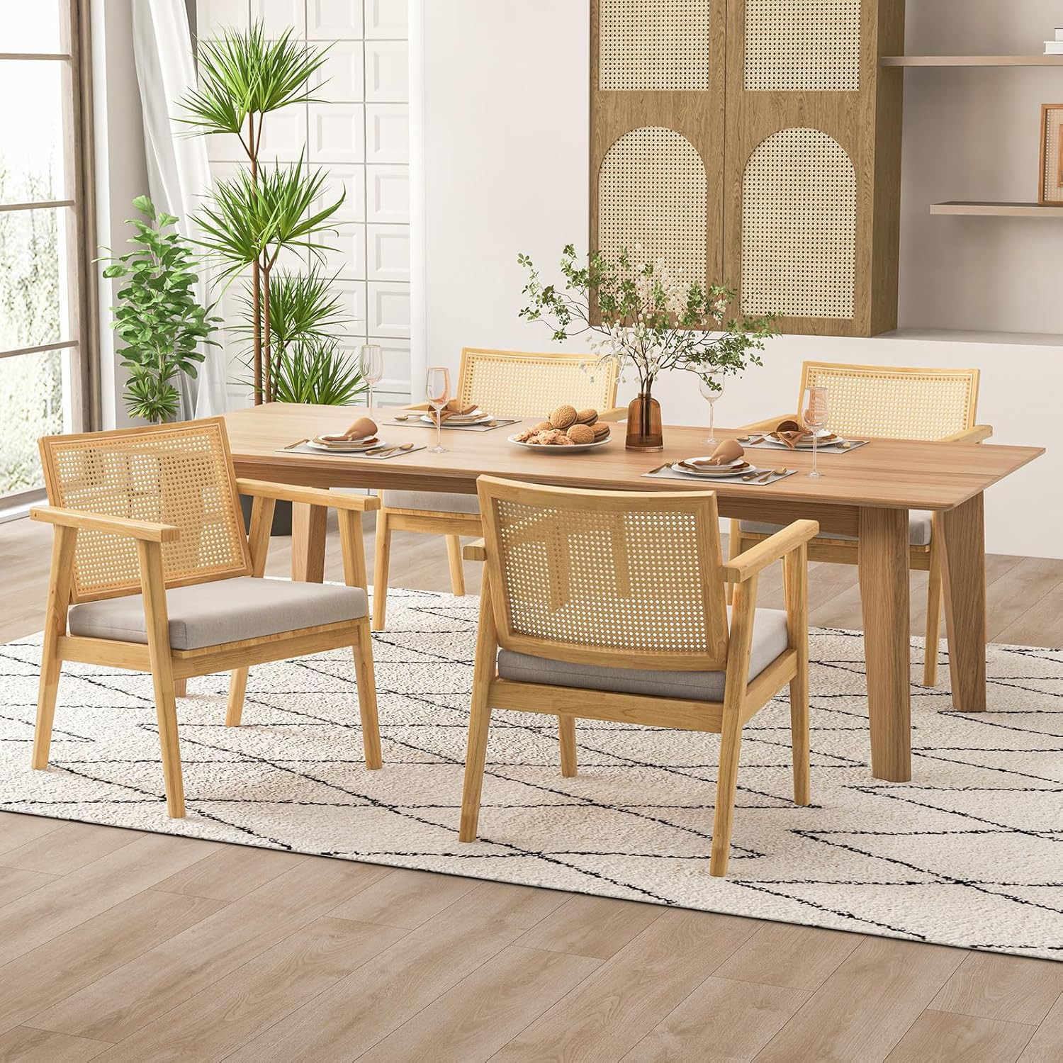 Set of 2 Modern Rattan Accent Chairs with Curved Backrest & Cushions