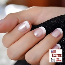 Summer Nails Glossy Pearl White French False Nails Short Squoval Press on Pink