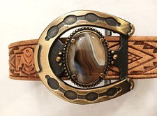 Vintage Western Tooled Leather Belt  Agate Buckle Embossed Horseshoe Size 38