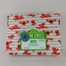 Sesame Street Cotton Twin Size Sheet Set Elmo Red Gray Stripe