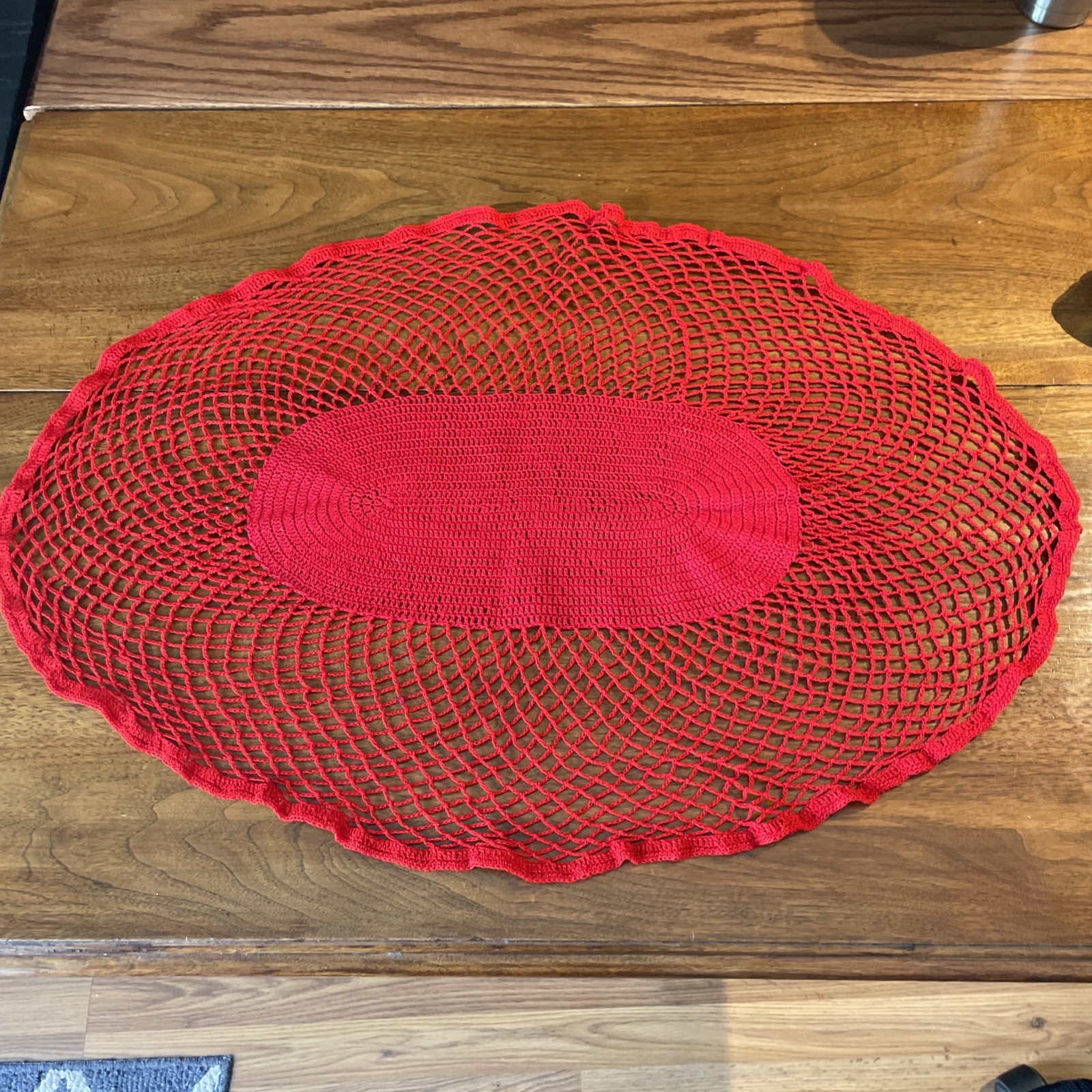 Large 30"x21" Red Vintage Crochet Table Runner, Doily, Buffet Or Dresser Scarf