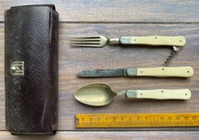 Ancien Couteau COUVERTS PLIANTS DE VOYAGE POCHETTE CUIR VINTAGE KNIFE MESSER