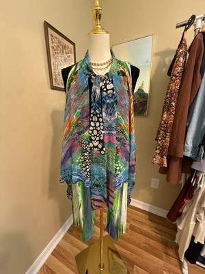 Alberto Makali NY Multicolored Abstract Print Open Front Sleeveless Vest Gorgeou