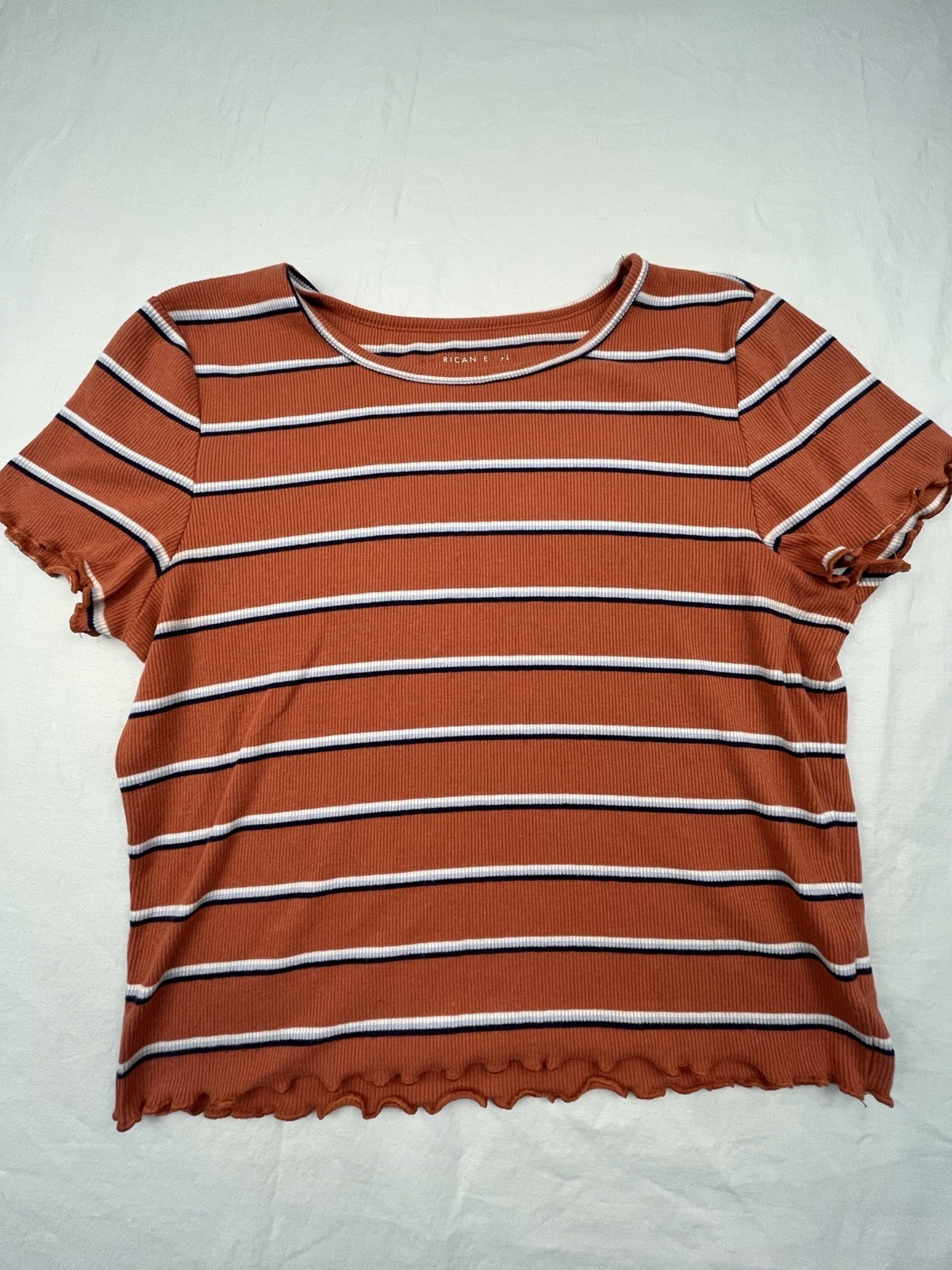 American Eagle Women's Size M Orange Striped Cotton Blend T-Shirt Lettuce Trim