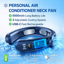 Personal Air Conditioner 6000mAh Neck Fan Rechargeable 3-Speed Portable Neck Fan