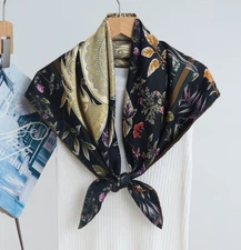 Pure 14 Momme Twill Silk Wrap Scarf Bandanna Black leaf Print Square Shawl 35''
