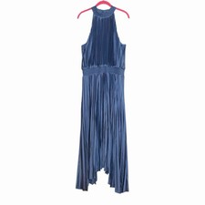 White House Black Market Pleated Halter Maxi Dress Womens 16 Blue High Low Midi