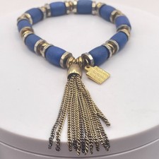 Vintage Cobalt Blue Wooden Bead Stretch Bracelet Gold Tone Chain Tassel Charm