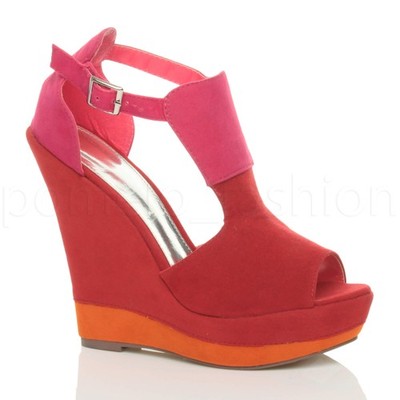 DAMEN BUNTE HOHE KEILABSATZ PLATEAU PEEPTOE SCHNALLE SANDALEN GRÖSSE 7 40