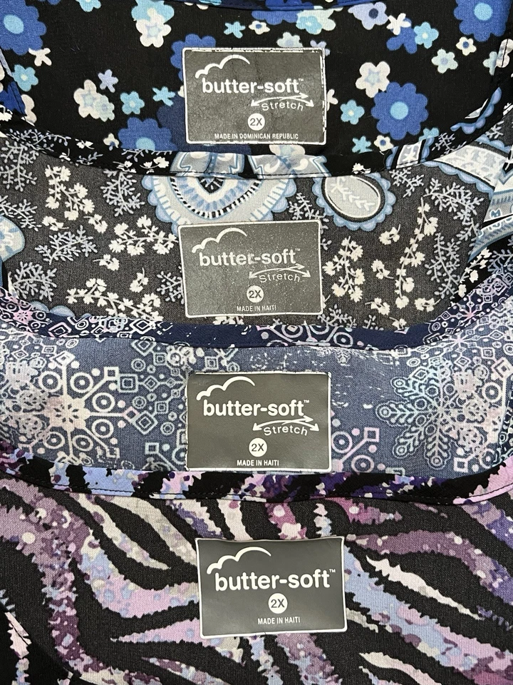 UA Butter Soft Scrub Top Lot Of 4 Womens 2X 2XL Blue Floral Paisley - Image 2 of 4