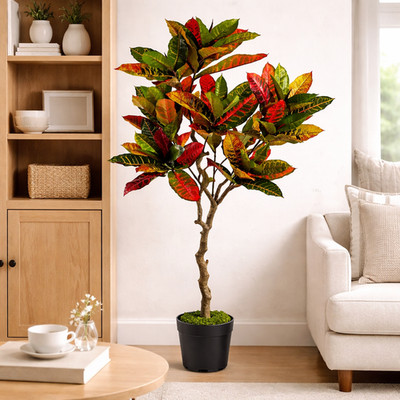 Künstlicher Codiaeum Buntbaum 130 cm Grün, Orange, Gelb Realistisch Faux