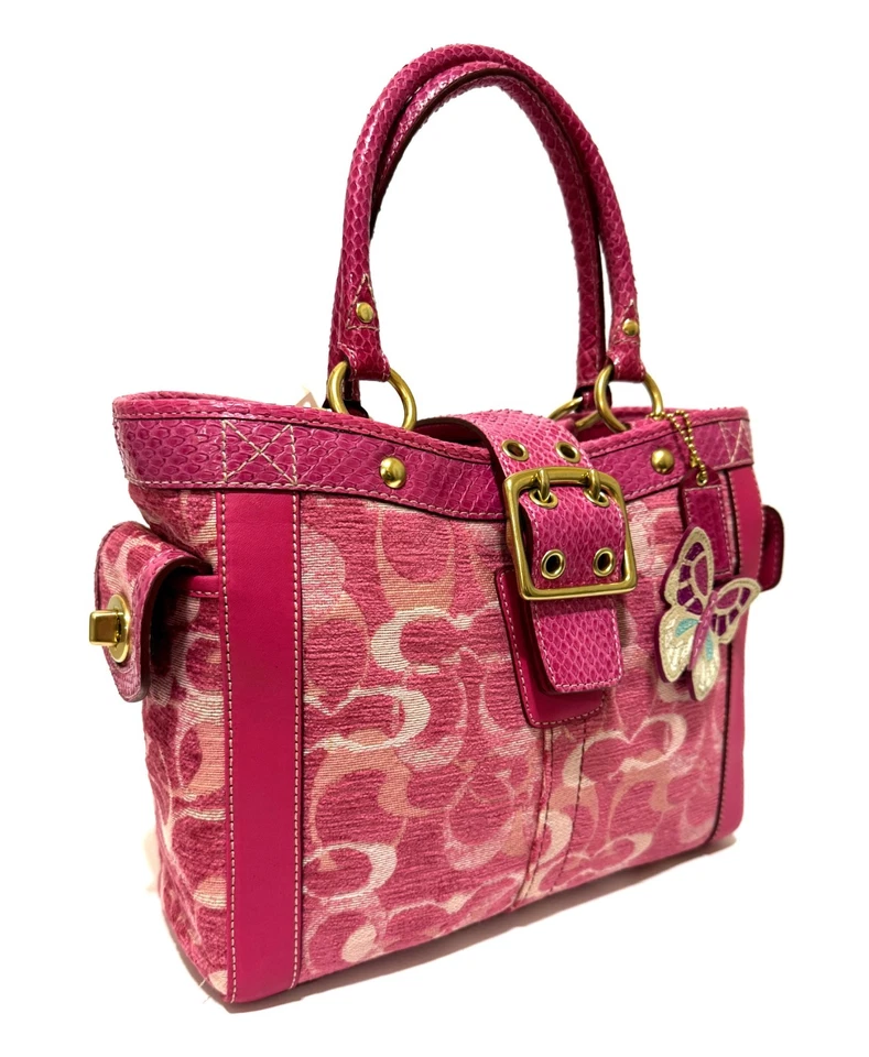 RARE Coach Ltd Ed Chenille C Python trim PINK Boxy Butterfly Tote Bag 8F52 NEW! - Image 3 of 4