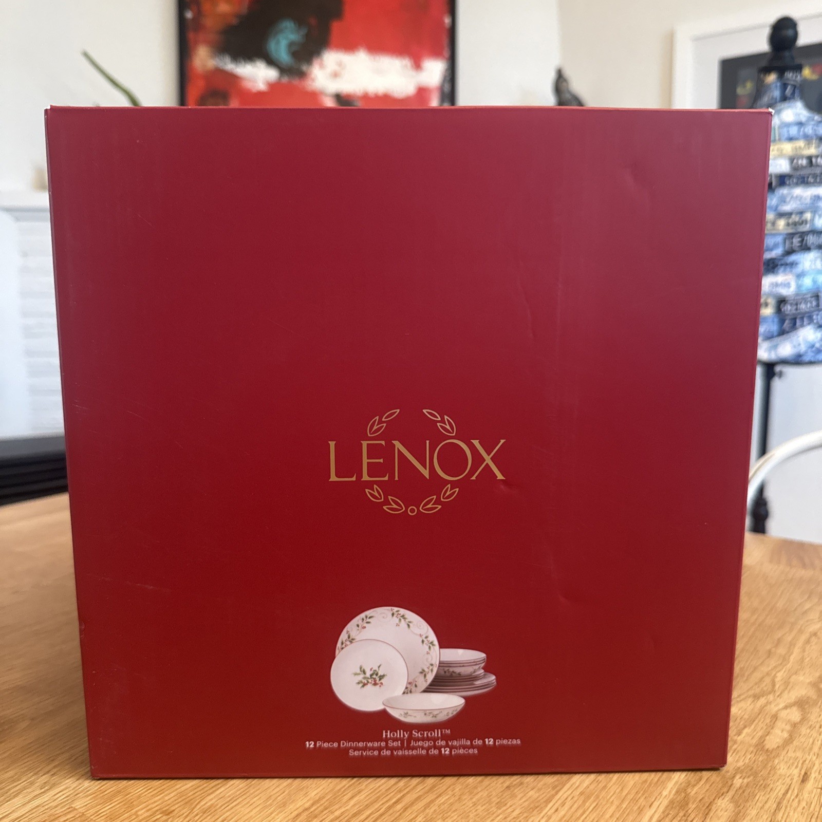 Lenox 12 piece Holiday Dinnerware Set Holly Scroll Berry Red Trim Dishes Bowls  