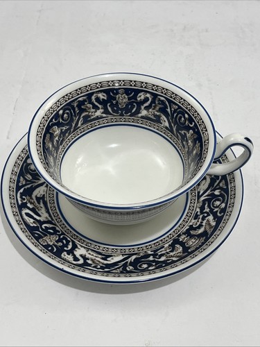 Wedgwood Dark Blue Florentine Peony Shape Tea Cup & Saucer Set s W1956
