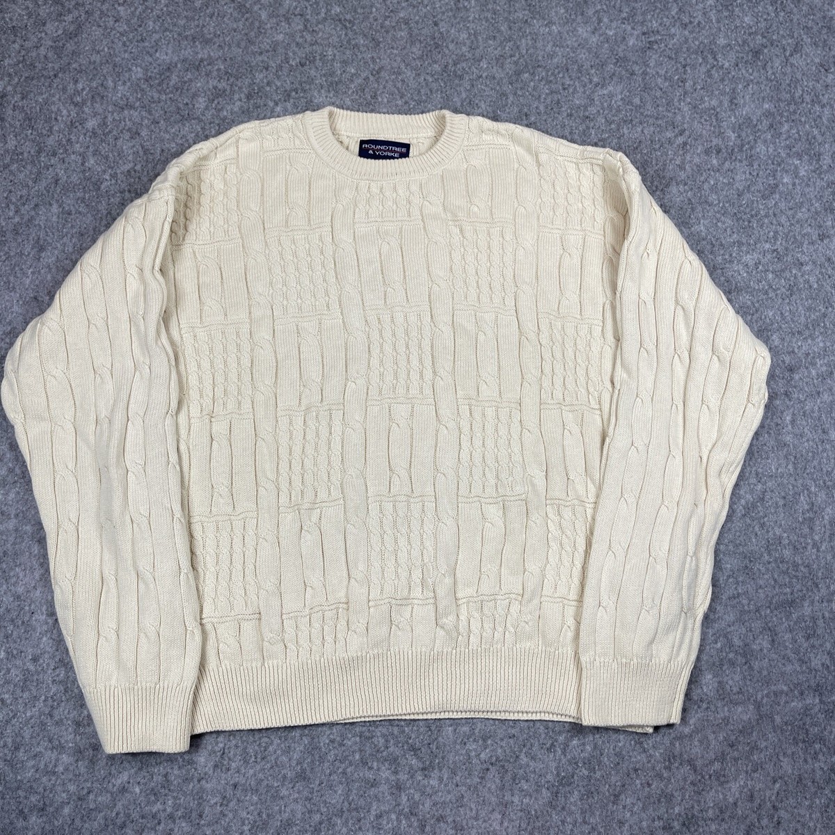 VTG 90s Roundtree Yorke Cable Knit Sweater Mens XL Cream Cotton 