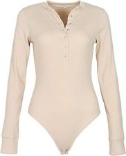 New GEMBERA Women Front Button, Long Sleeve Ribbed Bodysuit, Small, Color Beige