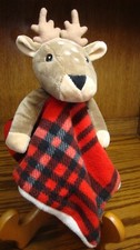 Baby Collection Security Blanket 11" Square Brown Reindeer w/Plaid Blanket  683