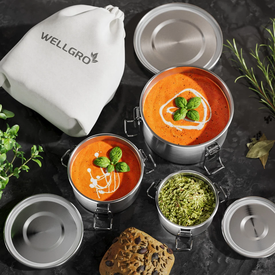 Juego de 3 latas de acero inoxidable redondas a prueba de fugas lata de pan de metal lonchera lata de vísperas - Imagen 2 de 4