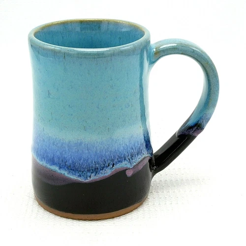 Tankard Beer Mug 17 oz Studio Pottery Drip Glaze Turquoise Blue Black 5" Ceramic