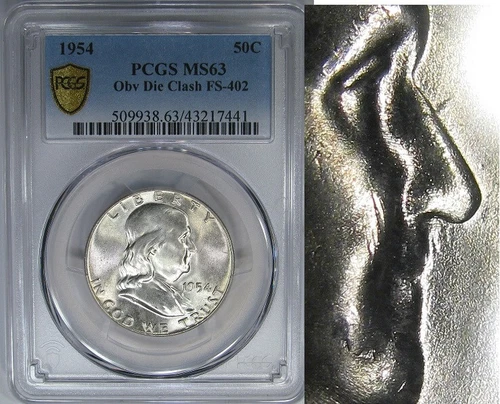 1954 50C PCGS MS63 "OBV DIE CLASH FS-402" FVI A-1 FRANKLIN ~ PCGS IS $175!