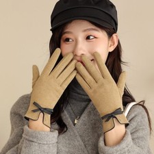 Touch Screen Gloves Ladies Velvet Cotton Sheepskin Covered Bow Soft Warm Gloves