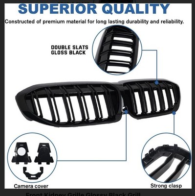 Front Kidney Grille Glossy Black Grill Compatible with BMW 3 Series Double Slats